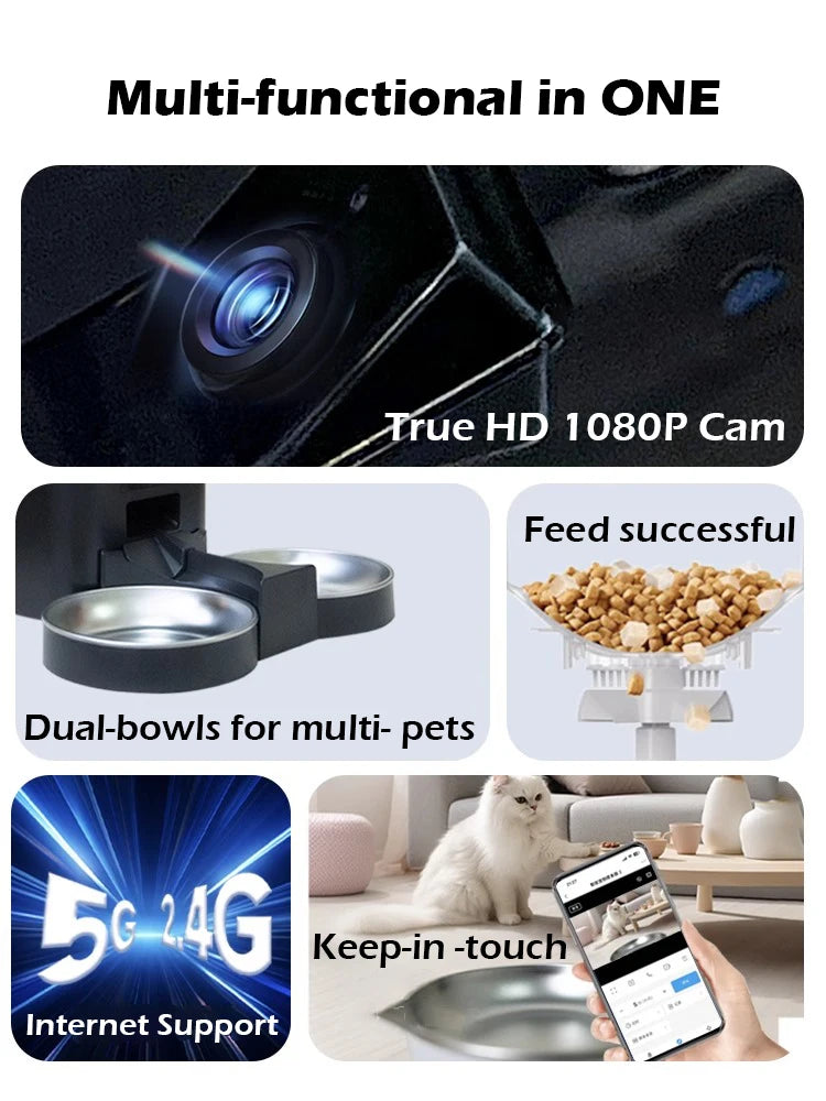 5G Automatic Cat Feeder With 1080p Camera Video WiFi Cat Food Dispenser Pet Smart Voice Recorder Remote Control Pet Auto Feeder
